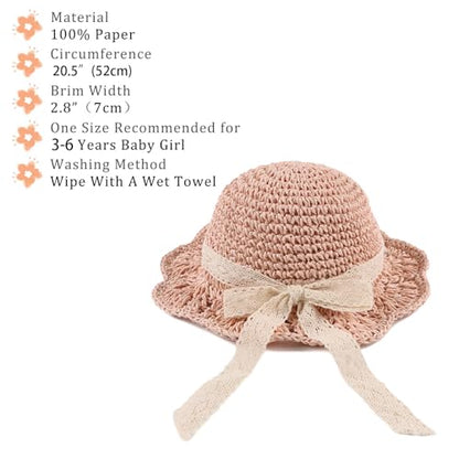Baby Girl Straw Hat 3-6 Years Girls Summer Beach Hats with Bowknot Sun Protection Hats for Kids - color: Pink