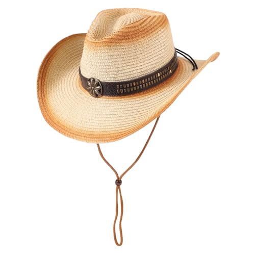 AQOKKA Straw Cowboy Hats for Women Men Western Cowgirl Hats with Shapeable Brim Woven Hollow Out Unisex Beach Roll Up Caps - color: Spray-painted Cowboy Hats : Beige+khaki