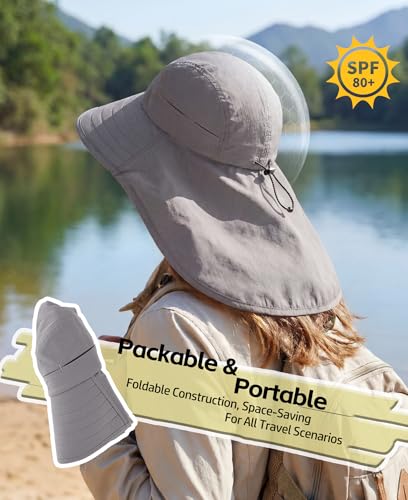 Home Prefer UPF 80+ Sun Hat for Men Women Wide Brim Sun Hat with Neck Flap Summer Beach UV Protection Gardening Fishing Hat - color: Dark Grey