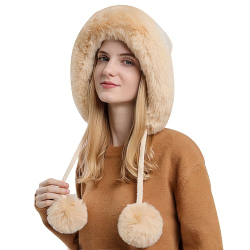 HUAMULAN Women Winter Sherpa Knit Beanie Hats Fleece Lined Ear Flaps - color: Beige Solid