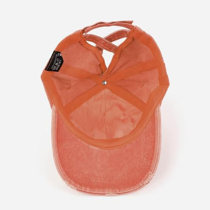 Criss Cross Ponytail Hat Women Washed Distressed Baseball Caps Adjustable High Messy Bun Ponycap - color: B - Denim Orange
