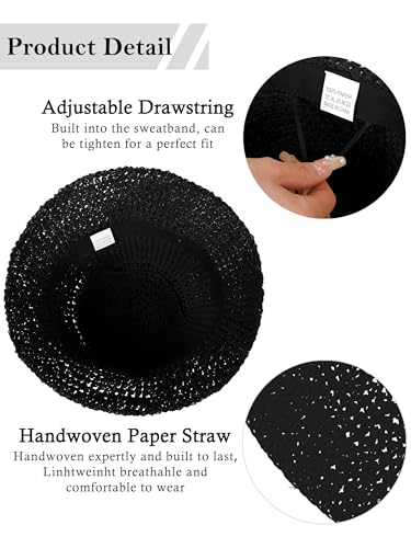 Womens Sun Hat Handmade Crochet Straw Bucket for Summer Foldable Travel Cap - color: Black