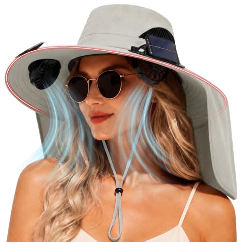2 in 1 Wide Brim Sun Hat with 2 Solar Fans Sunshade UPF 50+ Garden Outdoor Fishing Beach Essential - color: Light Grey