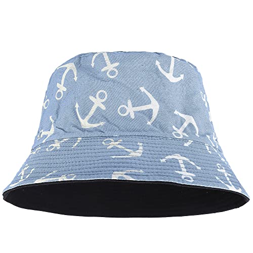 Falari Reversible Bucket Hat for Men Women Summer Travel Beach Outdoor Fishing Hat 100% Cotton - color: J615-light Blue-anchor