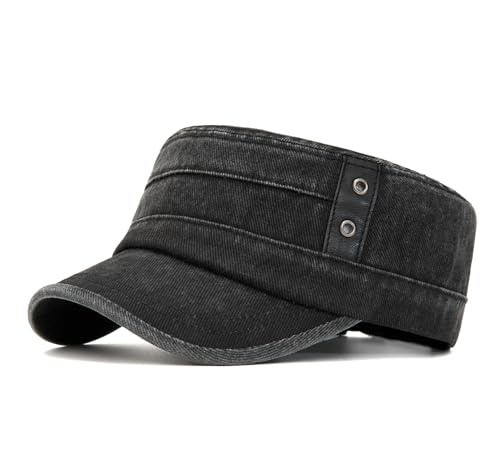 Military Cadet Army Cap for Men Women-Washed Cotton Vintage Adjustable Flat Top Baseball Hat - color: Vintage Grey