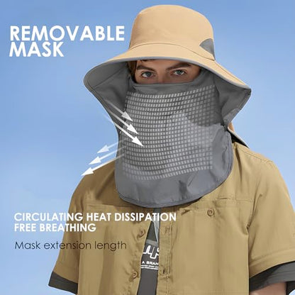 Outdoor Sun Hat Detachable Neck Face Flap UPF 50+UV Protection Visor Fishing Hats with Neck Flap for Men & Women - color: Khaki