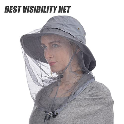 USHAKE Head Net Hat, Safari Hat Sun Hat Bucket Hat with Hidden Net Mesh - color: Grey