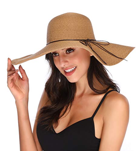 Lanzom Womens Wide Brim Straw Hat Big Floppy Foldable Roll up Cap Beach Sun Hat UPF 50+ - color: String-khaki
