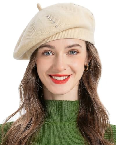 ZLYC Women French Beret Hat Reversible Solid Color Knit Warm Artist Cap - color: Rhinestones Beige