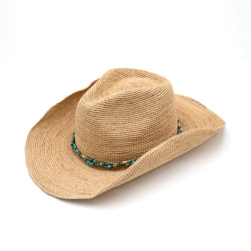Raffia Straw Cowboy Hat,Women's Crocheted Summer Straw Hats, Classic Beach Sun Hats - color: Natural, size: Large