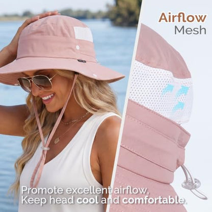 2-in-1 Womens Bucket Sun Hats, Sun Visor Hat, UPF 50+ Wide Brim, Ponytail-Friendly, Packable, Hiking Outdoor - color: Pink