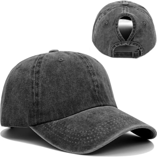 Women Washed Baseball Cap Vintage Blank Hat with Ponytail Hole - color: Black