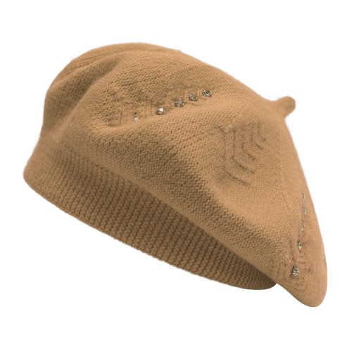 ZLYC Women French Beret Hat Reversible Solid Color Knit Warm Artist Cap - color: Rhinestones Camel