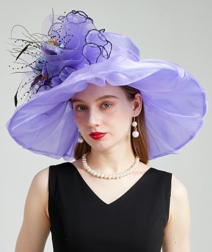 Women Organza Derby Hat Fascinator Tea Party Wedding Church Derby Hat Fascinator Hats Dual-use - color: 02d Light Purple
