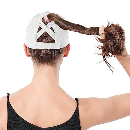 Criss Cross Ponytail Hat Women Washed Distressed Baseball Caps Adjustable High Messy Bun Ponycap - color: B - Denim White