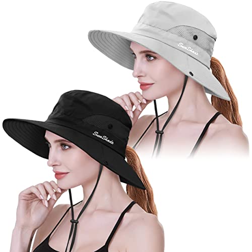 IYEBRAO 2 Pack Womens Ponytail Sun Hat UV Protection Bucket Hats Foldable Wide Brim Summer Boonie Beach Cap Fishing Hiking… - color: Black & Pure Beige