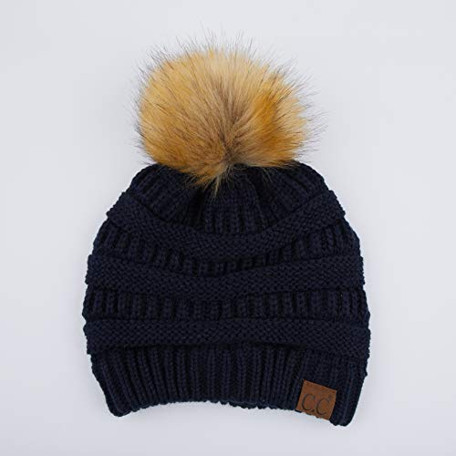 C.C Fur Pom Winter Fall Trendy Chunky Stretchy Cable Knit Beanie Hat - color: Solid Navy