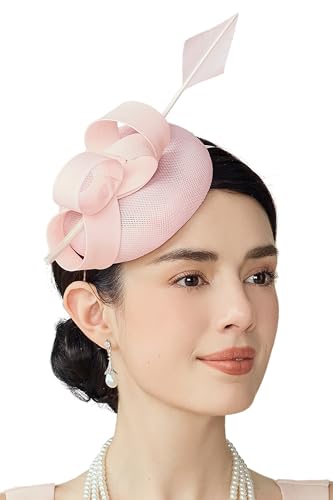 BABEYOND Fascinators Hats for Women Pillbox Feather Derby Tea Party Hat - color: Light Pink