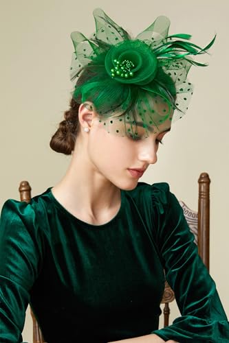 BABEYOND Fascinators Hats for Women Tea Party Flower Tulle Bead Derby Hat - color: Dark Green