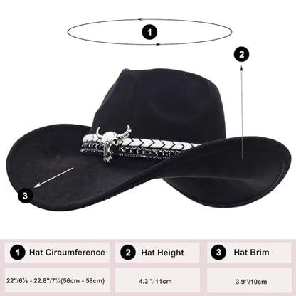 Women Men Western Cowboy Cowgirl Hat with Buckle Belt Wide Brim Outdoor Fedora Hats - color: Black