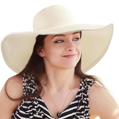 Women's Wide Brim Sun Hat - UV Protection Floppy Straw Sunhat Summer 7 1/4 - color: Milk White, Size 58cm, for 22 - 22 7/8" ( 7, 7 1/8, 7 1/4 )