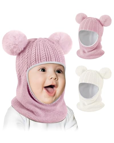 Baby Winter Hat Scarf Set 2 Pack, Toddler Beanie Hats Girl Boy with Neck Warmer, Beanie for Kids Knit Warm for Cold Weather - color: Pink&white, size: 6-36 Months