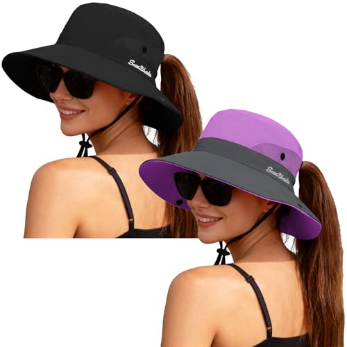 ZOORON Women's Ponytail Safari Sun Hat,Wide Brim UV Protection Bucket Hat - color: 2-black+purple