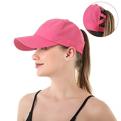 Womens Criss Cross Ponytail Hat Quick Drying Baseball Cap Sun Hats UV Protection Sport Cap - color: Hot Pinks