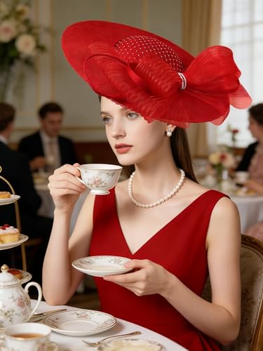 dressfan Wide Brim Fascinator Hats for Women,20s Linen Rhinestones Bow Big Hat for Derby Church Wedding Tea Party - color: Red