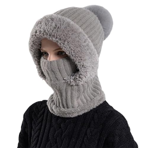 Women’s Knitted Beanie Hat with Face Cover - 3 in 1 Winter Balaclava with Mask Scarf Ear Muffs Pompom Fleece Lined Snow Caps - color: Grey-a