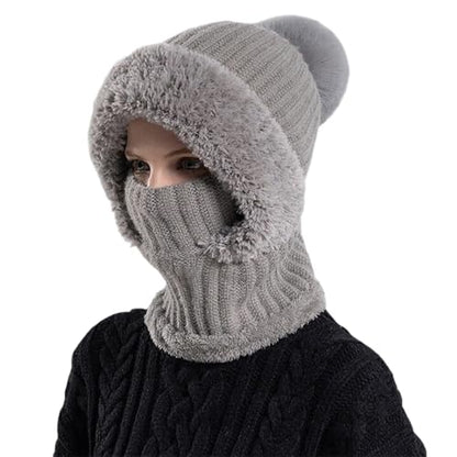 Women’s Knitted Beanie Hat with Face Cover - 3 in 1 Winter Balaclava with Mask Scarf Ear Muffs Pompom Fleece Lined Snow Caps - color: Grey-a