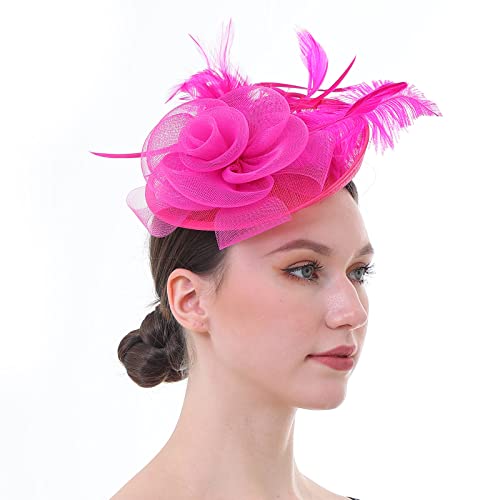 Fascinator Hat with Feather and Mesh – Floral Headpiece for Tea Party, Wedding, Cocktail Event - color: Hot Pink