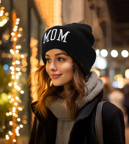 Letter Embroidered Beanie Hat Thanksgiving Gift Cuffed Skull Cap Knit Winter Warm Watch Hats for Women, Men - color: Mom Embroidered Black Hat