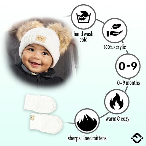 Funky Junque Baby Double Faux Fur Pom Pom Beanie & Mittens Set – Newborn Infant 0–9 Months Winter Hat with Soft Lined Mittens - color: Diagonal Basketweave: White (0-9 Months)
