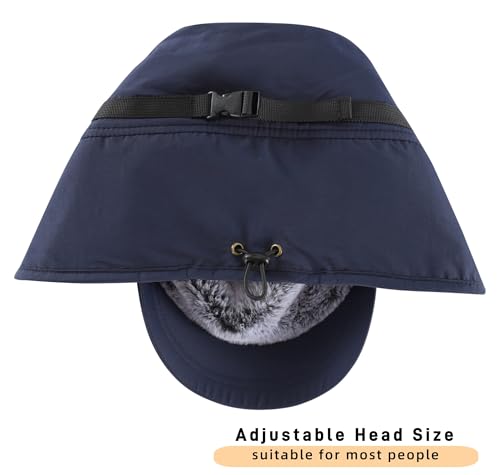 Connectyle Men's Winter Hat with Visor Warm Earflaps Hat Fully Lined Faux Fur Baseball Cap Trapper Hunting Hats - color: Navy