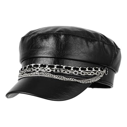 Women Metal Chain Flat Top PU Leather Newsboy Paperboy Hat Painter Cap - color: Chains Black