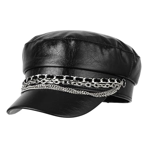 Women Metal Chain Flat Top PU Leather Newsboy Paperboy Hat Painter Cap - color: Chains Black