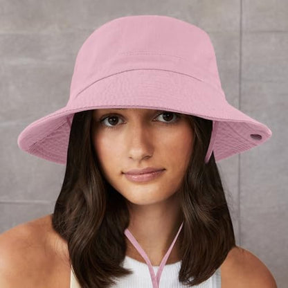 Unisex Cotton Boonie Hat Summer Fishing Bucket Hat Sun Hat with String - color: Solid Pink