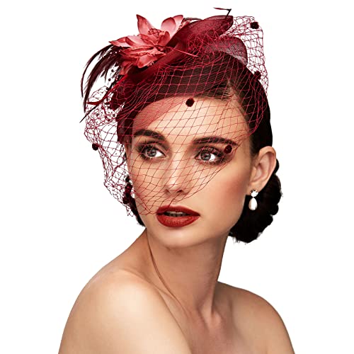 Tea Party Hat Fascinators Hats for Women Vintage Lace Mesh Floral Feather Hair Clip Headband with Veil for Church Wedding - color: Burgundy