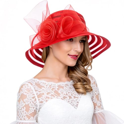 Ruphedy Women Derby Church Dress Bucket Hat Fascinators Tea Party Wedding Hat - color: S017-red