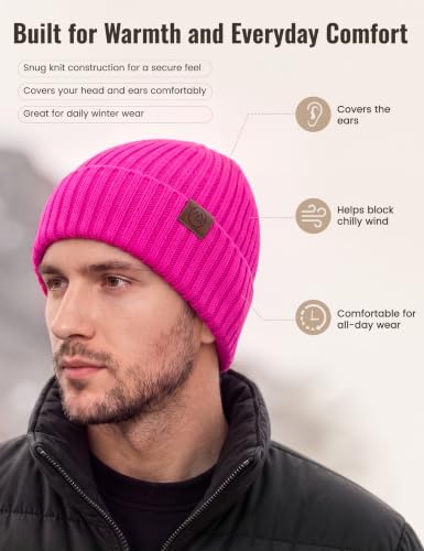 Durio Unisex Silk Lined Beanie Double Layered Winter Hats - color: Hot Pink