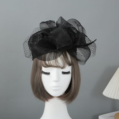 Women Sinamay Fascinator Hat Floral Feather Pillbox Derby Hats with Veil and Clips - color: Black