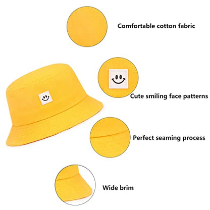 Kids Sun Hat Smile Face Bucket Hat for Girls Boys Summer Sun Protection Cotton Unisex Beach Cap - color: Bright Yellow