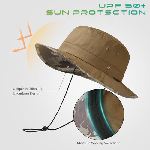 UPF 50+ Foldable Sun Hat Patterned Under Brim Bucket Hats for Summer Hiking Fishing Beach Safari Men Women - color: Light Brown, size: Large