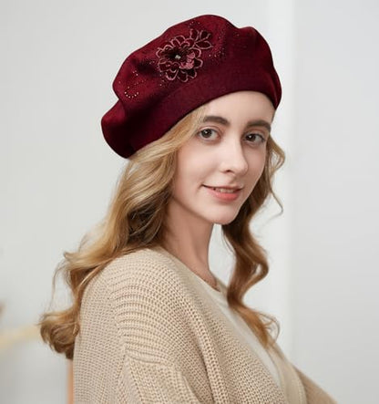 Flower Embroidery Beret Hat for Women, French Style Knitted Beret Hats, Stylish Solid Color Beret Cap for Women Girls Lady - color: Wine Red