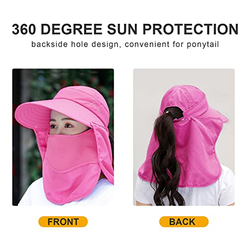 Women Wide Brim Face Mask Sun Hat Detachable Neck Face Flap Ponytail UV Protection Visor Hat Garden Fishing Hiking - color: A7-shun005-meihong