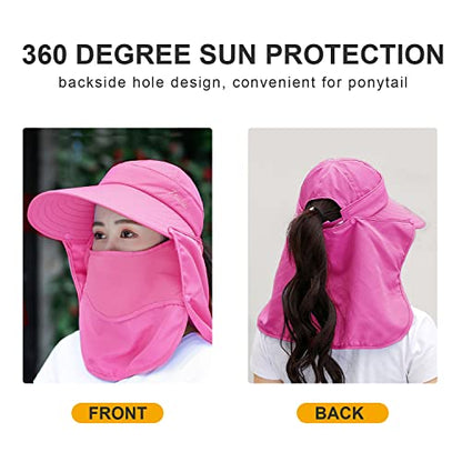 Women Wide Brim Face Mask Sun Hat Detachable Neck Face Flap Ponytail UV Protection Visor Hat Garden Fishing Hiking - color: A7-shun005-meihong
