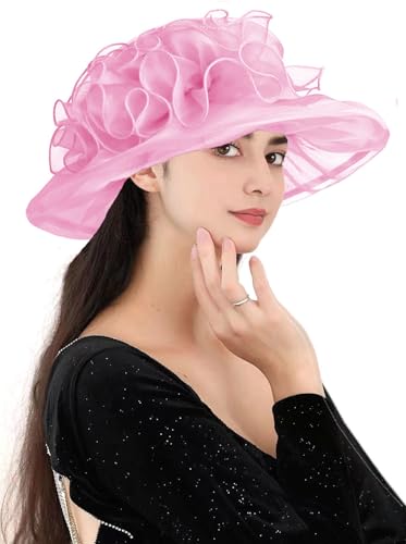 Women's Kentucky Derby Church Dress Hat Wide Brim Leaf Flower Bridal Shower Hat - color: G1-pink