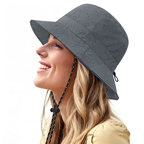 Waterproof Bucket Hat for Women Men Rain Hat Wide Brim Packable Sun Hat UV Protection Summer Beach Fishing Hiking Safari Hat - color: Grey