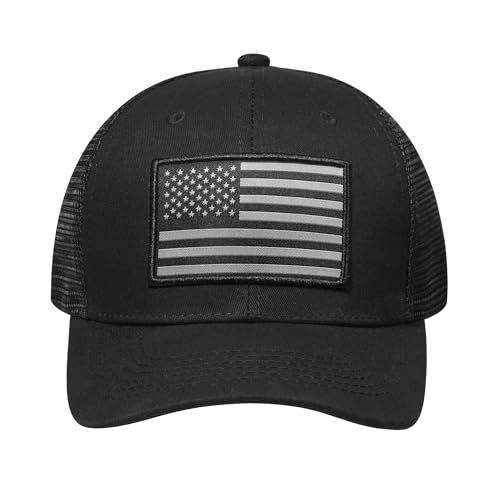 American Flag Trucker Hat, Patriotic Baseball Cap for Men & Women, Breathable Mesh Adjustable Snapback, USA Flag Patch - color: Black/Black
